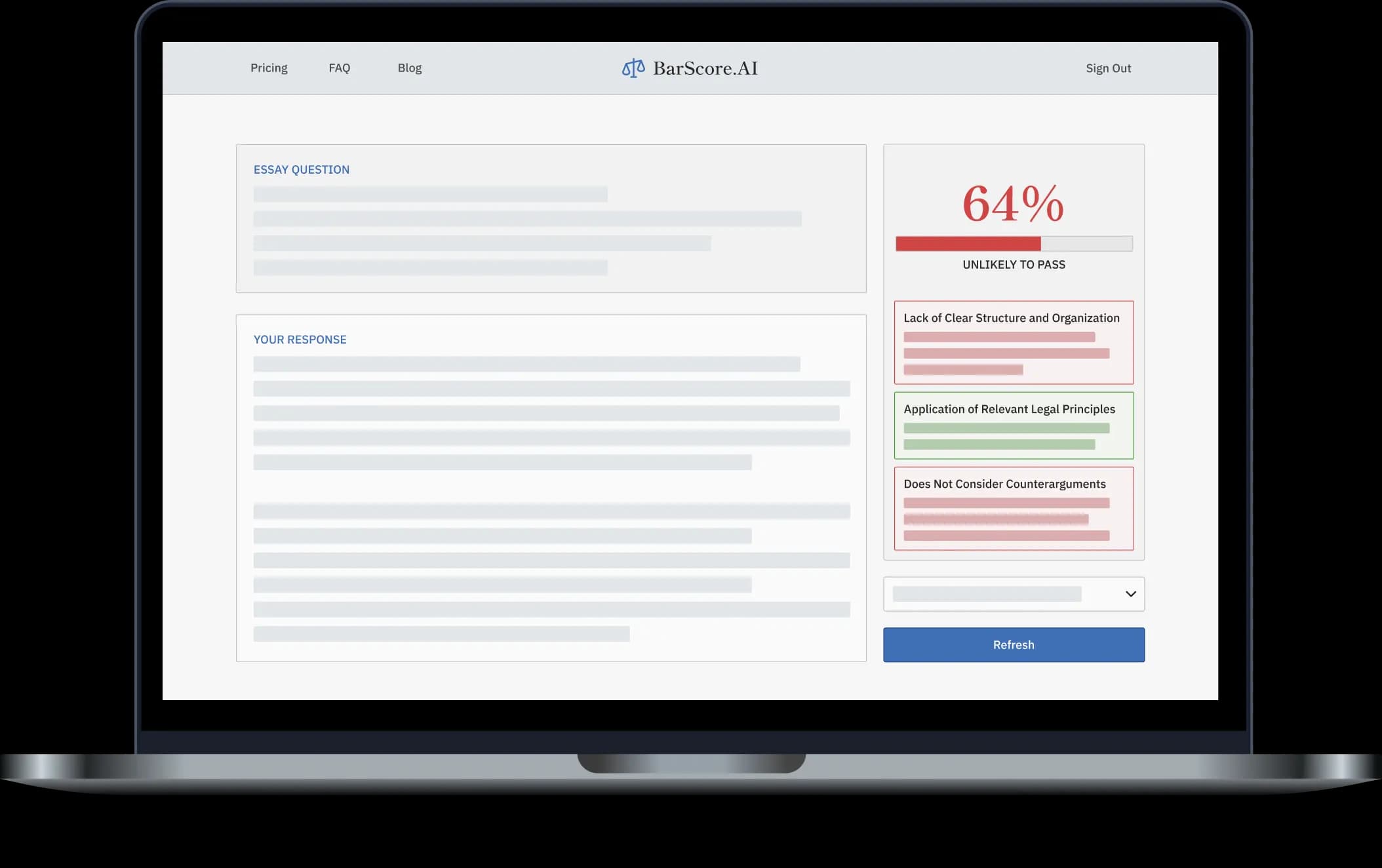 BarScore AI bar exam essay grading platform - Interactive interface showing real-time bar exam essay feedback for bar prep and practice essays