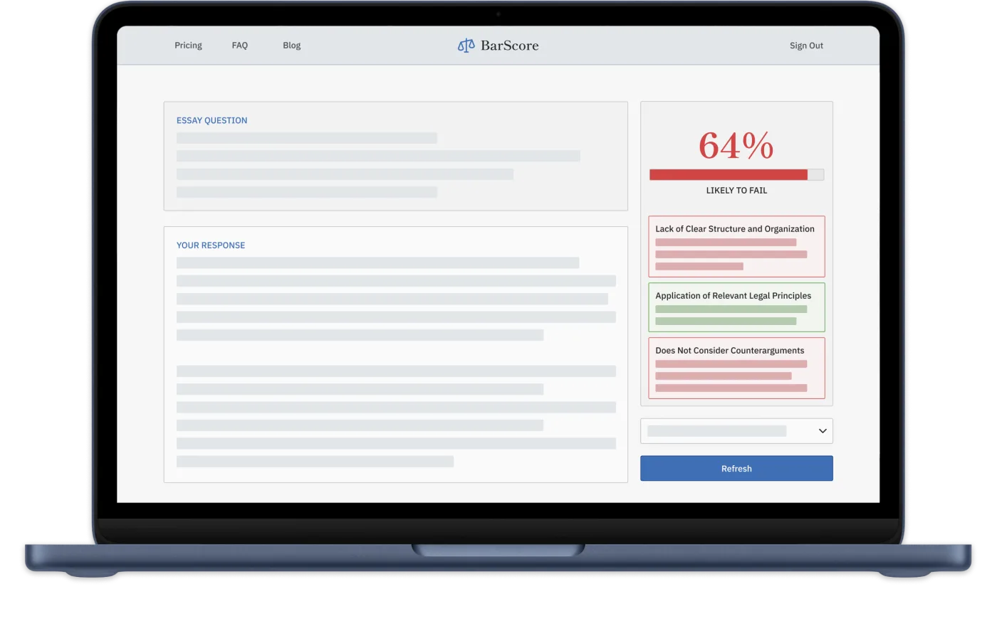 BarScore essay grading interface shown on a laptop